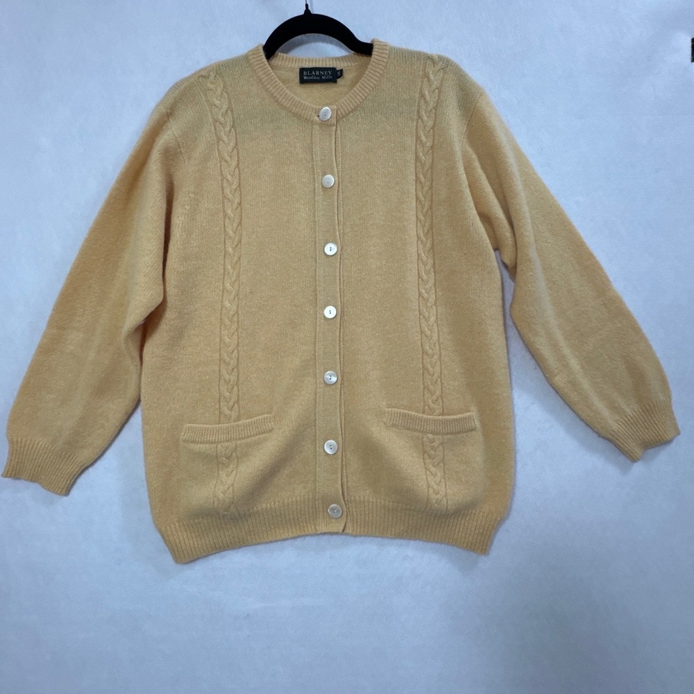 Blarney Woollen Mills Yellow Cable Knit Cardigan Sweater Made in Ireland Small